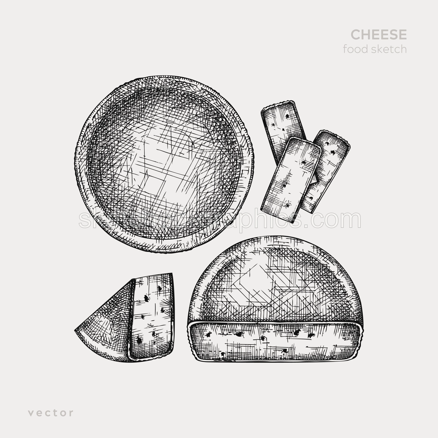 Cheese hand drawn illustration collection. Food design elements. Vector cheese sketches in engraved style. Dairy products drawings for menu, stores, banners, packaging design. Illustration